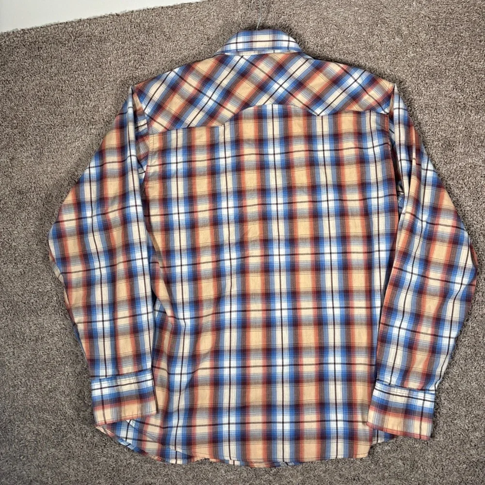 Wrangler Wrancher Mens XL Blue Orange Plaid Western Pearl Snap Shirt MTW1123‎